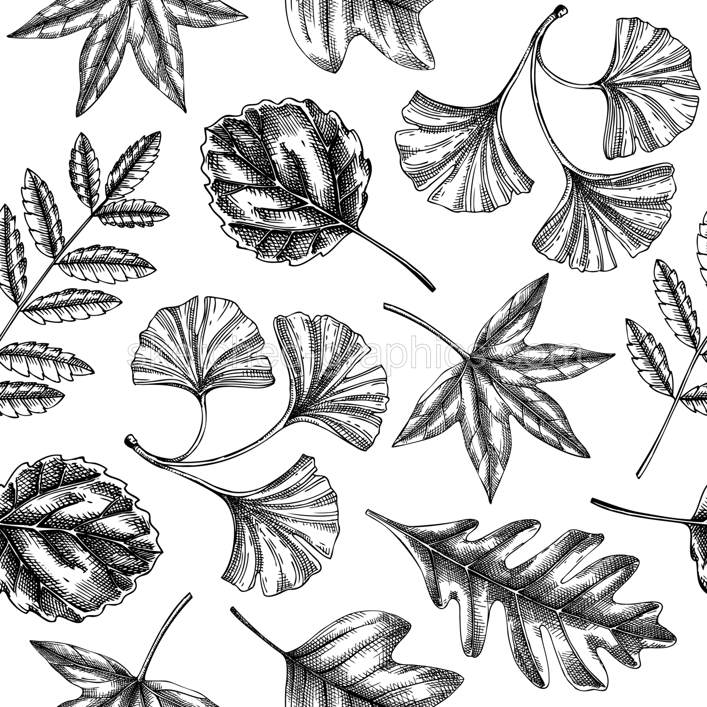 Autumn seamless pattern with fall leaves and dried flowers sketches. Thanksgiving background. Vector dried plants, falling leaves, mushrooms backdrop. Foliage illustration Illustration